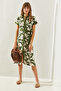 Women's Khaki Leaf Patterned Belted Buttoned Midi Length Dress 2455 60251317 - 3
