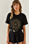 Women's Black Crew Neck Basic Combed Cotton T-Shirt with Stone Detail 60251238 - 2