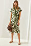 Women's Khaki Leaf Patterned Belted Buttoned Midi Length Dress 2455 60251317 - 6