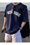 Men's Navy Blue Plain New York Printed Oversized T-Shirt