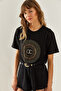 Women's Black Crew Neck Basic Combed Cotton T-Shirt with Stone Detail 60251238