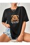 Women's Black Surprise Bear Printed Oversize T-Shirt