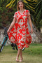 Red V-Neck Short Sleeve Oval Skirt Allover Printed Midi Length Woven Casual Dress - 3