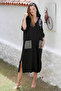 Black Hooded Buttoned Long Sleeve Pocketed Slit Troc Woven Casual Dress - 7