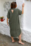 Organic Cotton Dark Khaki Shirt Collar Buttoned 3/4 Sleeve Buttoned Pocketed Woven Casual Muslin Dress - 2