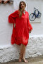 Red Ruffled Pompom Lace Woven Casual Dress with 3/4 Sleeves and Buttoned Skirt - 8