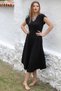 Organic Cotton Black V-Neck Low Sleeve Midi Length Woven Casual Muslin Dress with Oval Skirt - 6