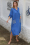 Blue Hooded Buttoned Long Sleeve Pocketed Slit Troc Woven Casual Dress - 5