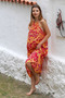 Coral Red Halter Neck Strap Allover Printed Woven Long Fit Casual Dress - 2