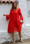 Red Ruffled Pompom Lace Woven Casual Dress with 3/4 Sleeves and Buttoned Skirt - 5