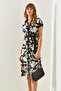 Women's Black Leaf Patterned Belted Buttoned Midi Length Dress 2455 60251317 - 5