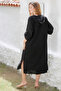 Black Hooded Buttoned Long Sleeve Pocketed Slit Troc Woven Casual Dress - 8