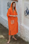 Orange Hooded Buttoned Long Sleeve Pocketed Slit Troc Woven Casual Dress - 7