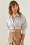 Women's Beige Belt Detailed Striped Crop Shirt 4441 60251322 - 3