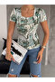 Women's Square Neck Short Sleeve Green Cream Blouse - 3