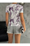 Women's Square Neck Short Sleeve Purple Cream Blouse - 5