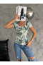 Women's Square Neck Short Sleeve Green Cream Blouse - 4