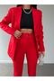 Red Fleto Pocket Button Blazer Jacket with Belt Flared Leg Button Stretchy Pants Suit - 4