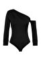 Siyah Asimetrik Yaka Uzun Kollu Esnek Alttan Çıtçıtlı Örme Body TWOAW22BD0080 - 11