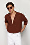 Kahverengi Oversize Fit Apaş Yaka Yazlık Keten Görünümlü Gömlek TMNSS23GO00053 - 2