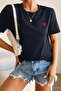 Women's Navy Blue Small Heart Printed Oversize T-Shirt - 4