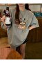Women's Gray Rabbit in a Pastry Printed Oversize T-Shirt - 4