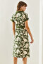 Women's Khaki Leaf Patterned Belted Buttoned Midi Length Dress 2455 60251317 - 2
