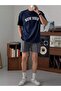 Men's Navy Blue Plain New York Printed Oversized T-Shirt - 5