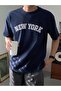 Men's Navy Blue Plain New York Printed Oversized T-Shirt - 3