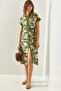 Women's Khaki Leaf Patterned Belted Buttoned Midi Length Dress 2455 60251317