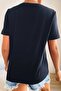 Women's Navy Blue Small Heart Printed Oversize T-Shirt - 2