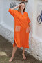 Orange Hooded Buttoned Long Sleeve Pocketed Slit Troc Woven Casual Dress - 5