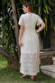 Beige V-Neck Tissue Sleeve Lined Tassel Detailed Lace Back Long Woven Casual Dress - 8