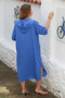 Blue Hooded Buttoned Long Sleeve Pocketed Slit Troc Woven Casual Dress - 8