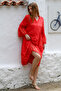 Red Ruffled Pompom Lace Woven Casual Dress with 3/4 Sleeves and Buttoned Skirt - 4