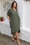 Organic Cotton Dark Khaki Shirt Collar Buttoned 3/4 Sleeve Buttoned Pocketed Woven Casual Muslin Dress - 7
