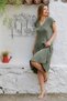 Organic Cotton Khaki V-Neck Low Sleeve Midi Length Woven Casual Muslin Dress with Oval Skirt - 5