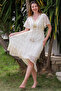 Beige V-Neck Tissue Sleeve Lined Tassel Detailed Lace Back Long Woven Casual Dress - 4