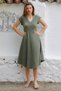 Organic Cotton Khaki V-Neck Low Sleeve Midi Length Woven Casual Muslin Dress with Oval Skirt - 2