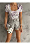 Women's Square Neck Short Sleeve Purple Cream Blouse - 2