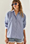 Women's Blue Cuff Collar Garni Striped Shirt 4442 60251327 - 3