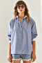Women's Blue Cuff Collar Garni Striped Shirt 4442 60251327 - 2