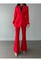 Red Fleto Pocket Button Blazer Jacket with Belt Flared Leg Button Stretchy Pants Suit - 3