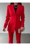 Red Fleto Pocket Button Blazer Jacket with Belt Flared Leg Button Stretchy Pants Suit - 2