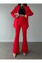 Red Fleto Pocket Button Blazer Jacket with Belt Flared Leg Button Stretchy Pants Suit - 5