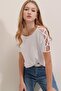 Women's White Boat Neck Sleeve Detailed Blouse