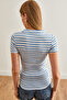 Women's Thick Striped Baby Blue Polo Neck Buttoned Lycra Blouse Blz- 19002558 - 5