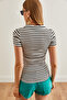 Women's Thick Striped Ecru Polo Neck Buttoned Lycra Blouse Blz- 19002558 - 5