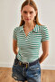 Women's Thick Striped Emerald Polo Neck Buttoned Lycra Blouse Blz- 19002558 - 2