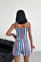 Women's Blue Striped Soft Lace-Up Detailed Short Pajama Set - 4